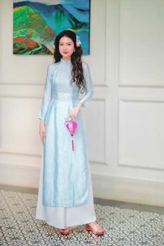 Áo dài lụa tơ tằm Truyền thống Phúc Thọ - Xanh biển nhạt