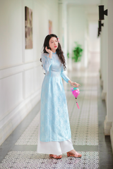 Áo dài lụa tơ tằm Truyền thống Phúc Thọ - Xanh biển nhạt