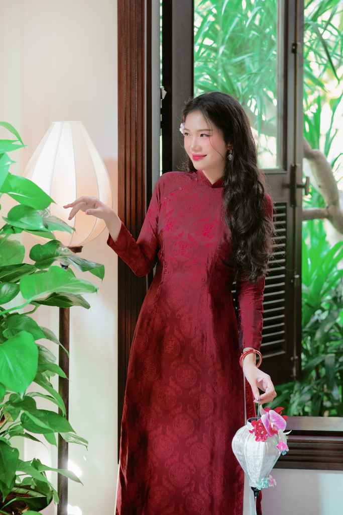 Áo dài lụa tơ tằm Truyền thống Phúc Thọ - Đỏ đô