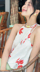 Áo yếm linen Hồng trà - Hoa gạo