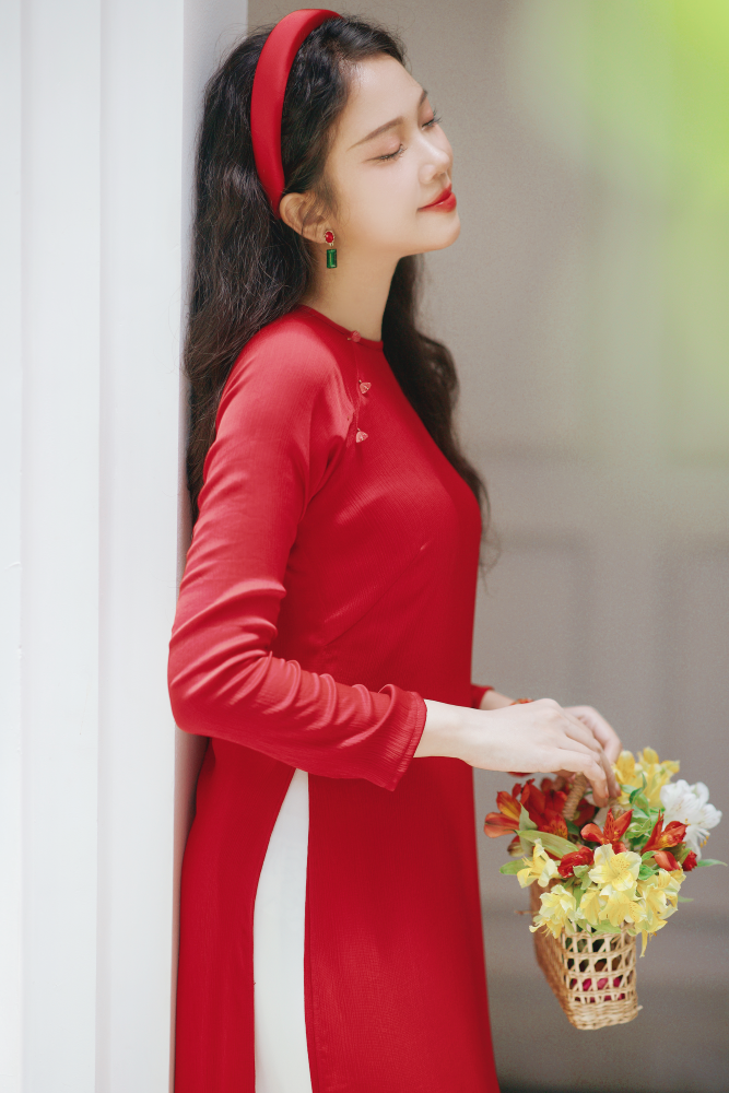 Áo dài Dáng suôn cổ tròn Thi Hạ - Đỏ tươi