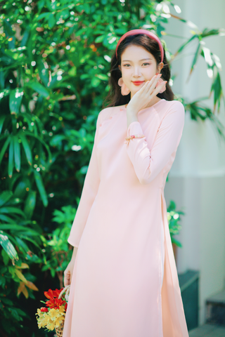 Áo dài Dáng suôn cổ tròn Thi Hạ - Hồng ửng