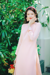 Áo dài Dáng suôn cổ tròn Thi Hạ - Hồng ửng