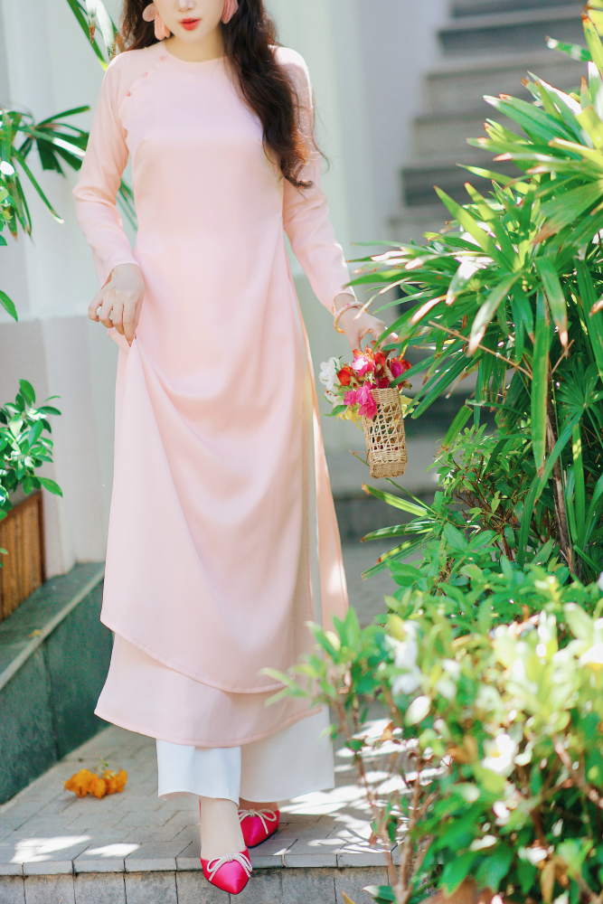 Áo dài Dáng suôn cổ tròn Thi Hạ - Hồng ửng