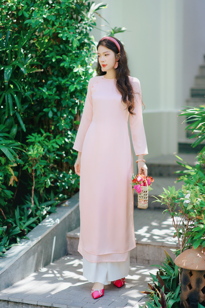 Áo dài Dáng suôn cổ tròn Thi Hạ - Hồng ửng
