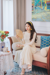 Áo dài Dáng suôn cổ tròn Thi Hạ - Kem nhạt