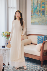 Áo dài Dáng suôn cổ tròn Thi Hạ - Kem nhạt