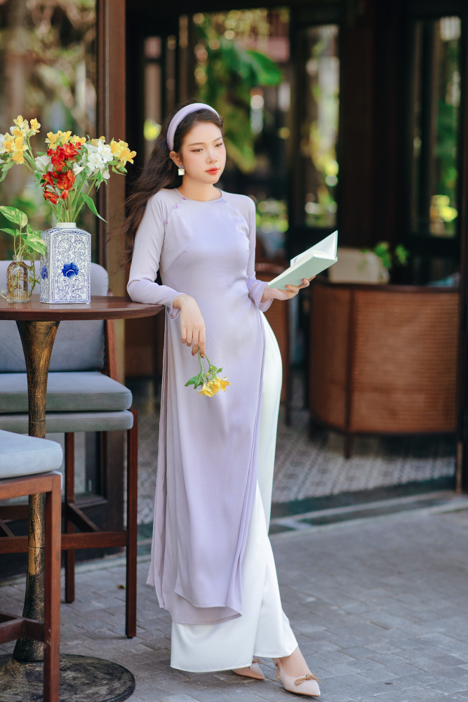 Áo dài Dáng suôn cổ tròn Thi Hạ - Tím nhạt