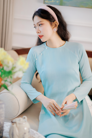 Áo dài Dáng suôn cổ tròn Thi Hạ - Xanh lơ nhạt
