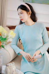 Áo dài Dáng suôn cổ tròn Thi Hạ - Xanh lơ nhạt