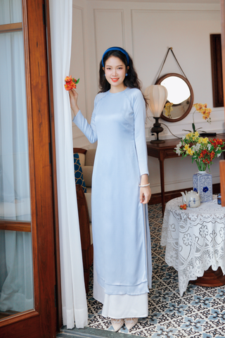 Áo dài Dáng suôn cổ tròn Thi Hạ - Xanh biển nhạt