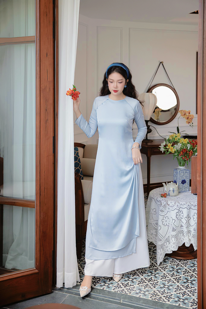 Áo dài Dáng suôn cổ tròn Thi Hạ - Xanh biển nhạt