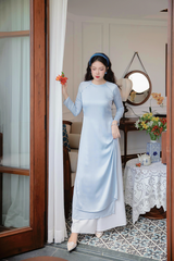 Áo dài Dáng suôn cổ tròn Thi Hạ - Xanh biển nhạt