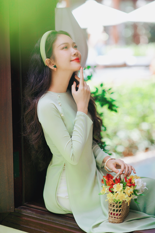 Áo dài Dáng suôn cổ tròn Thi Hạ - Xanh cốm