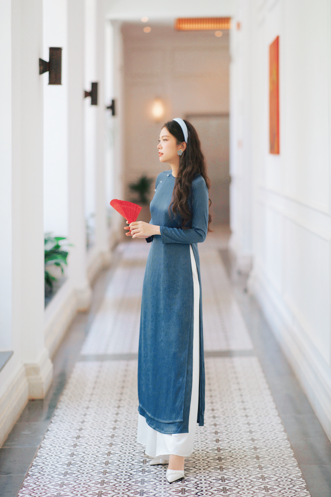 Áo dài Dáng suôn cổ tròn Thi Hạ - Xanh đá