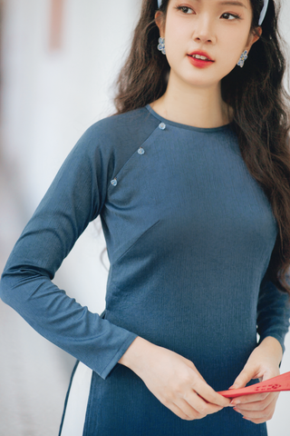 Áo dài Dáng suôn cổ tròn Thi Hạ - Xanh đá