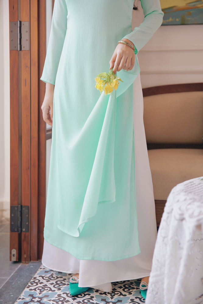 Áo dài Dáng suôn cổ tròn Thi Hạ - Xanh ngọc nhạt