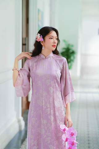 Áo dài gấm dáng suôn Yên Cảnh - Tím hoa lan