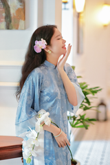 Áo dài gấm dáng suôn Yên Cảnh - Xanh biển nhạt