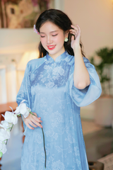 Áo dài gấm dáng suôn Yên Cảnh - Xanh biển nhạt