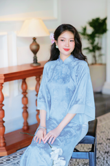 Áo dài gấm dáng suôn Yên Cảnh - Xanh biển nhạt