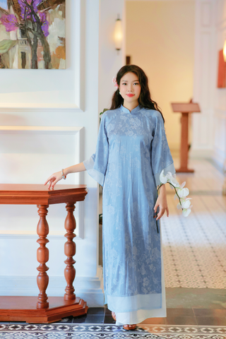 Áo dài gấm dáng suôn Yên Cảnh - Xanh biển nhạt