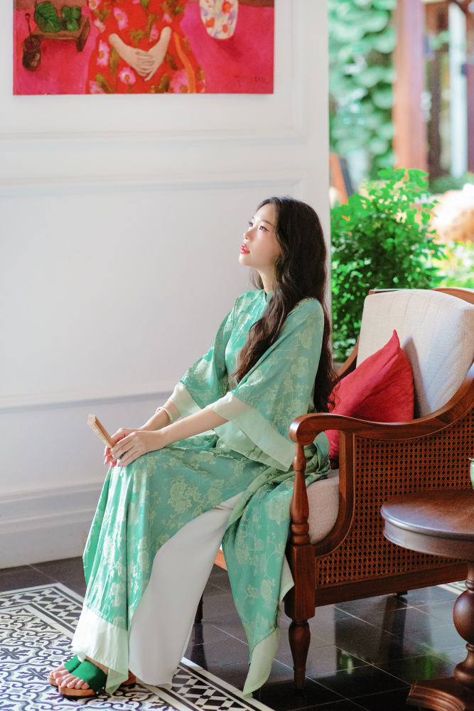 Áo dài gấm dáng suôn Yên Cảnh - Xanh ngọc