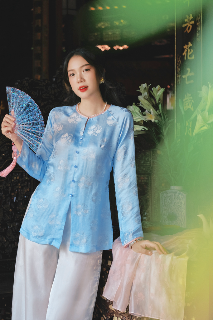Áo bà ba lụa tơ tằm Phượng Liên - Xanh biển nhạt