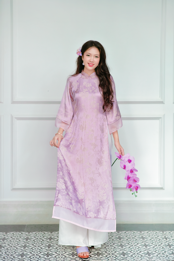 Áo dài gấm dáng suôn Yên Cảnh - Tím hoa lan