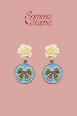 Hoa tai D2014 Hoa tai hoa hồng kem phối miếng tròn xanh biển