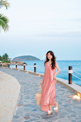 Đầm lụa tơ tằm Phụng Yến - Hồng cam hoa cúc