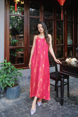 Đầm lụa tơ tằm Phụng Yến - Hồng sen hồ điệp