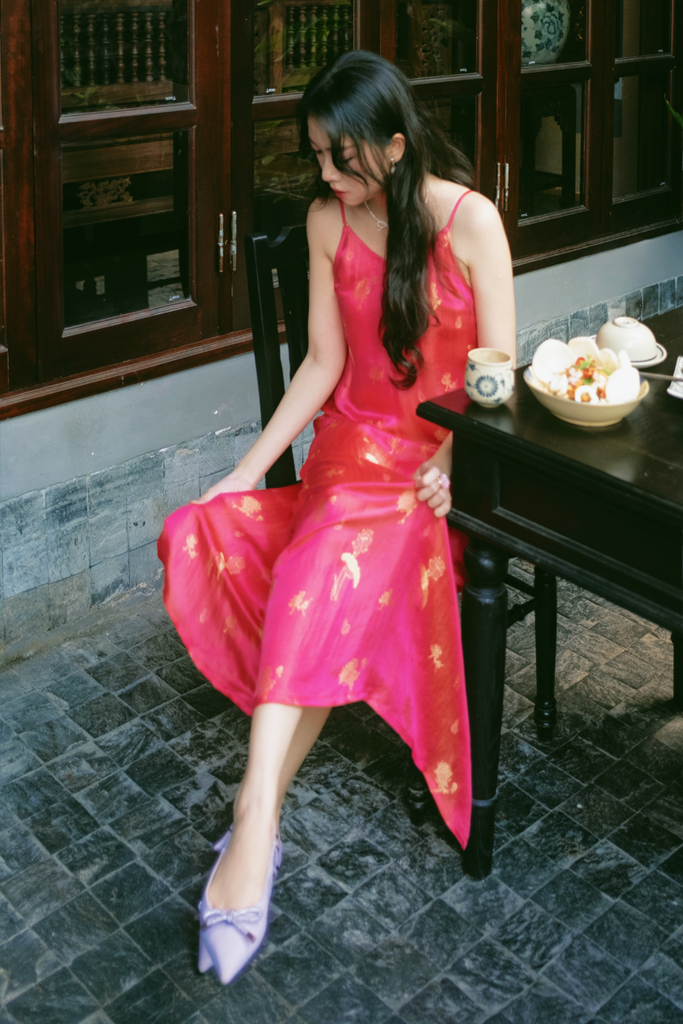 Đầm lụa tơ tằm Phụng Yến - Hồng sen hồ điệp