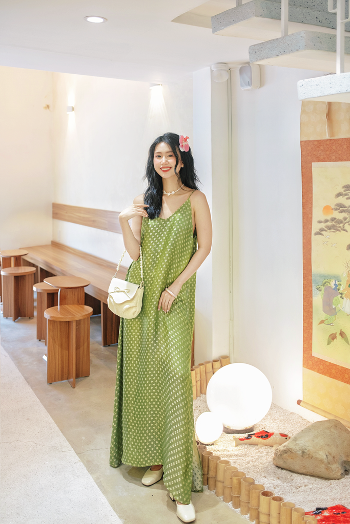 Đầm lụa tơ tằm Phụng Yến - Xanh cốm hoa thị