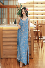 Đầm lụa tơ tằm Phụng Yến - Xanh đá hoa cúc