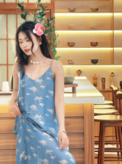 Đầm lụa tơ tằm Phụng Yến - Xanh đá hoa cúc