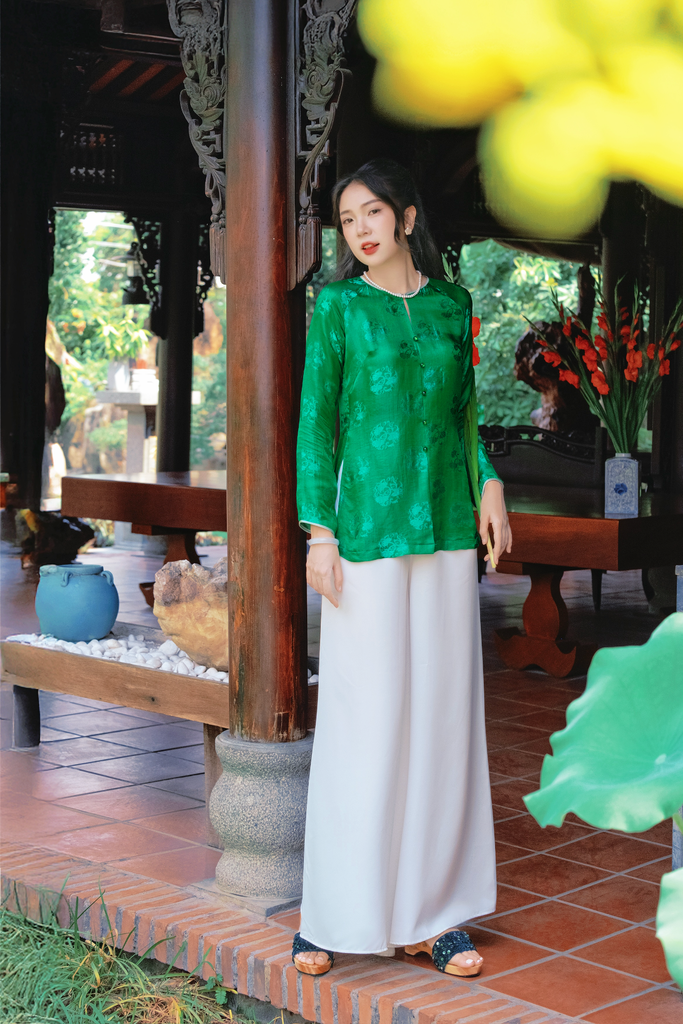 Áo bà ba lụa tơ tằm Phượng Liên - Xanh cẩm thạch