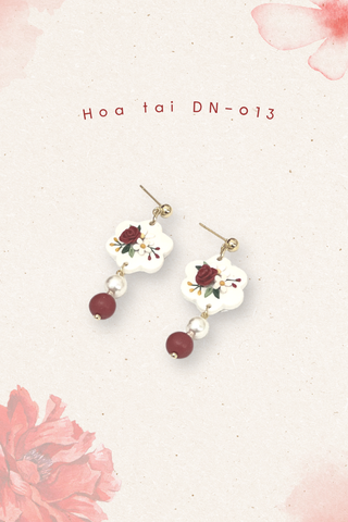 Hoa tai DN-013 Đất Nung Lạc Hoa Bính đỏ phối hạt ngọc đỏ