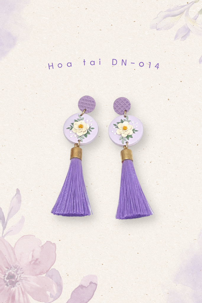 Hoa tai DN-014 Đất Nung Lạc Hoa Bính tím phối dây tua rua