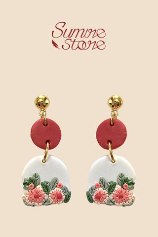 Hoa tai DN118 Đất nung chùm hoa đỏ khung cửa phối hạt tròn