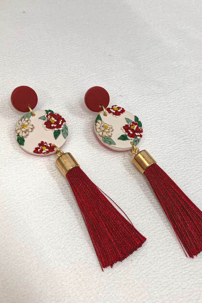 Hoa tai DN146 Đất nung mẫu đơn đỏ tua rua