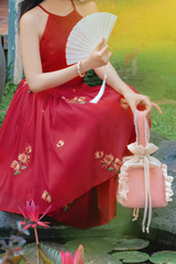 Đầm cổ yếm Xuân Nhạn - Đỏ tơ thêu hoa