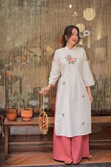 Áo dài linen Thêu tay Hồng Hoa