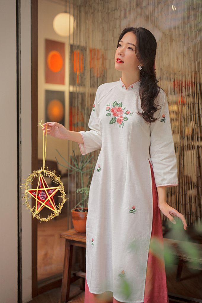 Áo dài linen Thêu tay Hồng Hoa