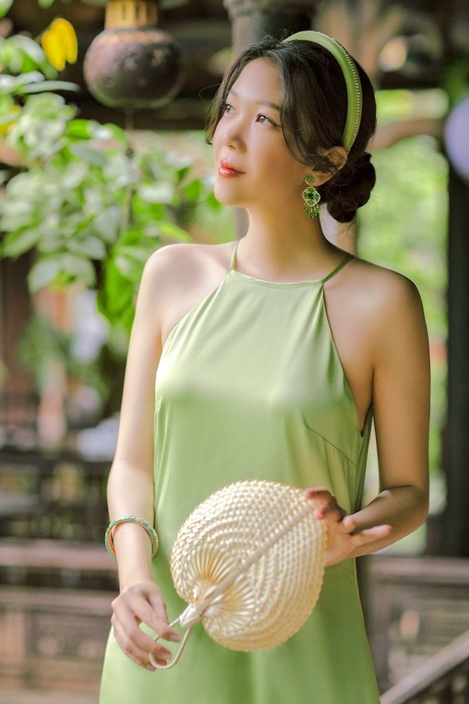 Áo dài Organza Khuê Văn - Xanh lá - Freesize (Chỉ lớp ngoài)