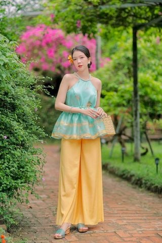 Áo yếm xòe organza Hoa Niên Ca - Xanh ngọc