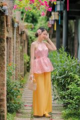 Áo yếm xòe organza Hoa Niên Ca - Hồng