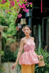 Áo yếm xòe organza Hoa Niên Ca - Hồng