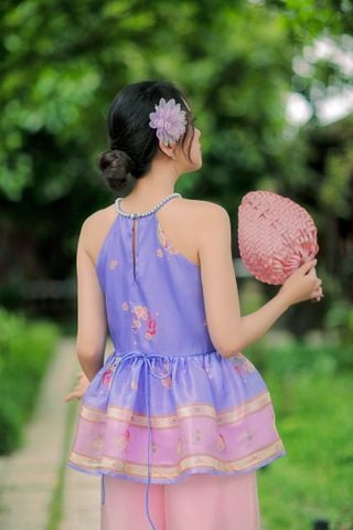 Áo yếm xòe organza Hoa Niên Ca - Tím