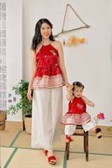 SET Áo yếm xòe organza Hoa Niên Ca BÉ - Đỏ